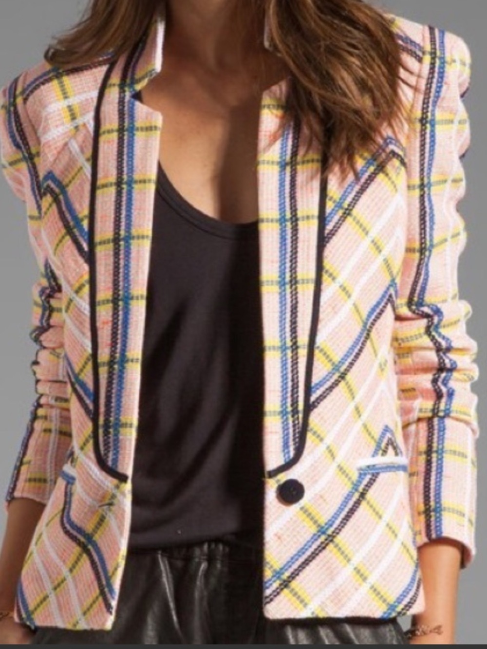 Rebecca Minkoff Pastel Pink Plaid Blazer with Navy Trim